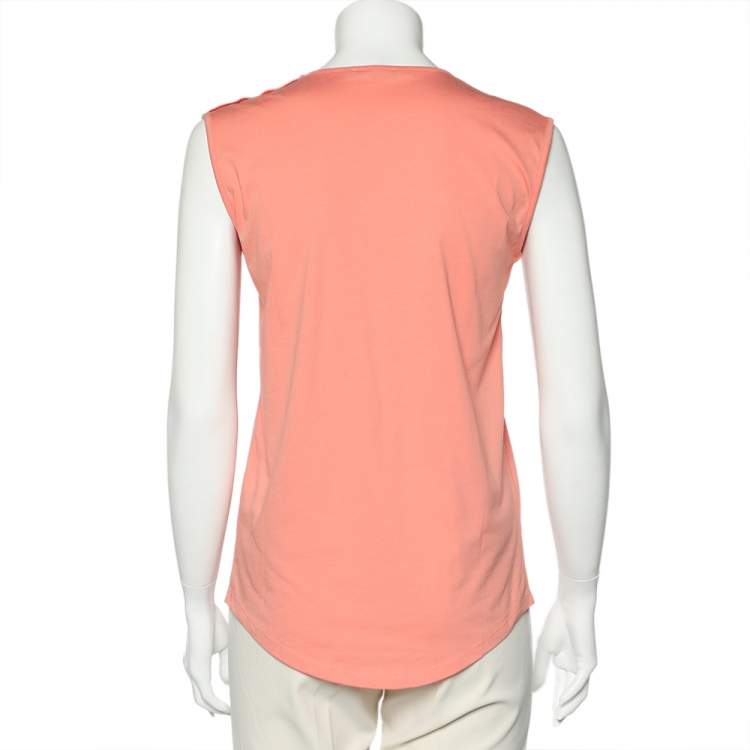 Pre Owned Balmain Peach Logo Printed Cotton Button Detail Sleeveless T-Shirt S