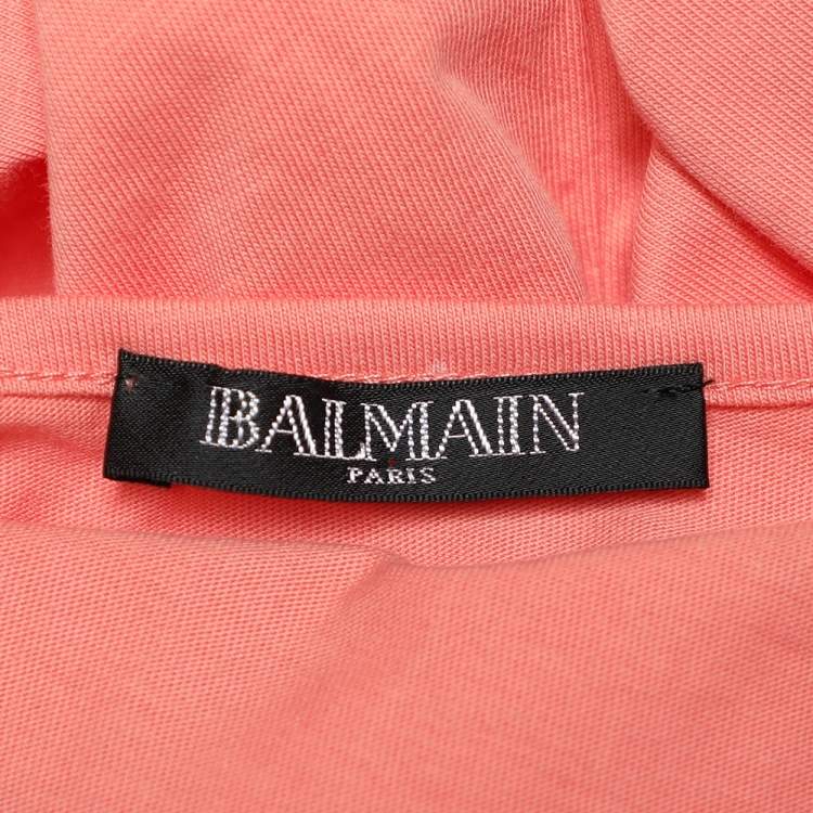 Pre Owned Balmain Peach Logo Printed Cotton Button Detail Sleeveless T-Shirt S