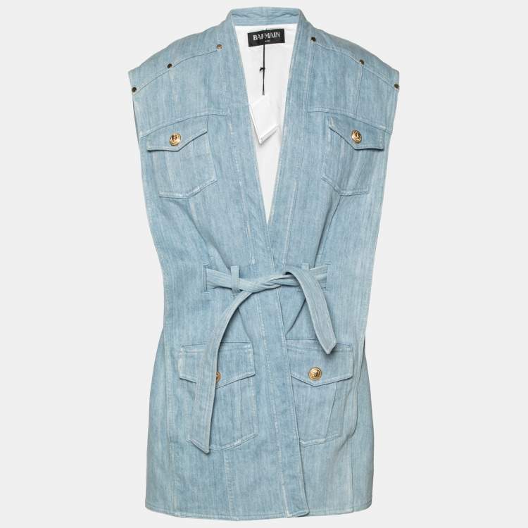 Pre Owned Balmain Light Blue Denim Belted Long Vest L