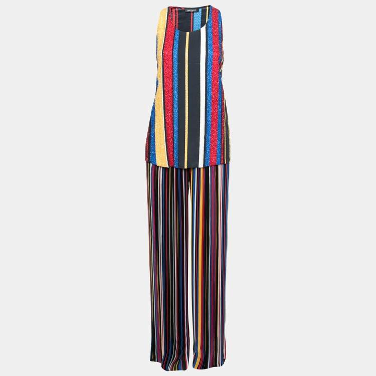 Pre Owned Balmain Multicolor Striped Silk Bead Embellished Top & Pleated Pant Set M