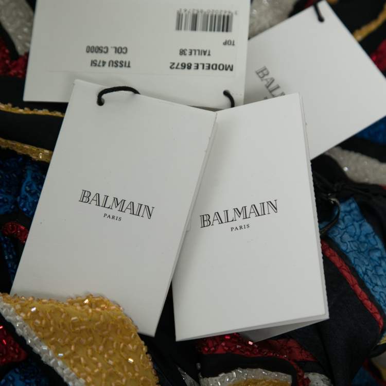 Pre Owned Balmain Multicolor Striped Silk Bead Embellished Top & Pleated Pant Set M