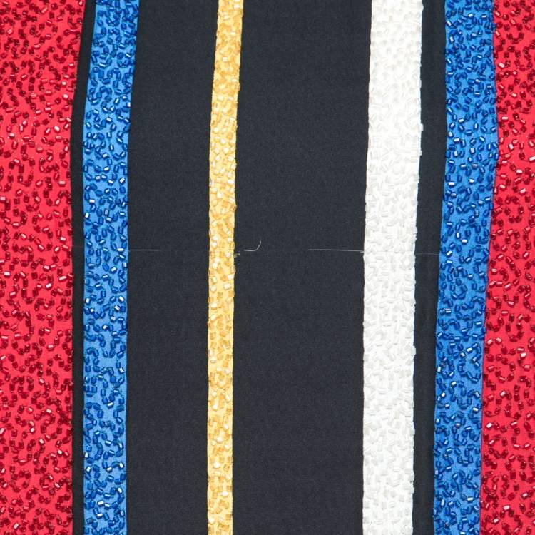 Pre Owned Balmain Multicolor Striped Silk Bead Embellished Top & Pleated Pant Set M