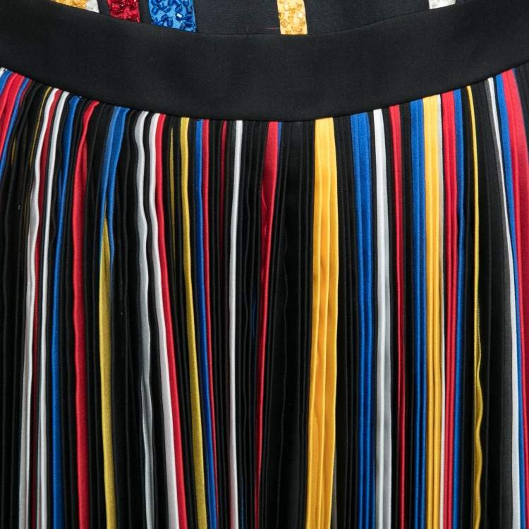 Pre Owned Balmain Multicolor Striped Silk Bead Embellished Top & Pleated Pant Set M