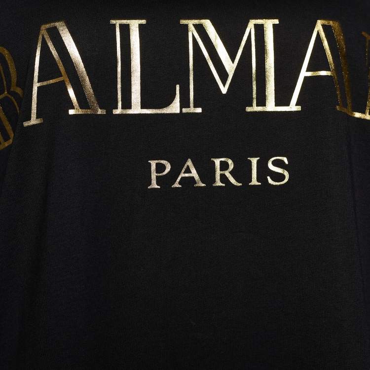 Pre Owned Balmain Black Logo Print Cotton Button Detail T-Shirt XL