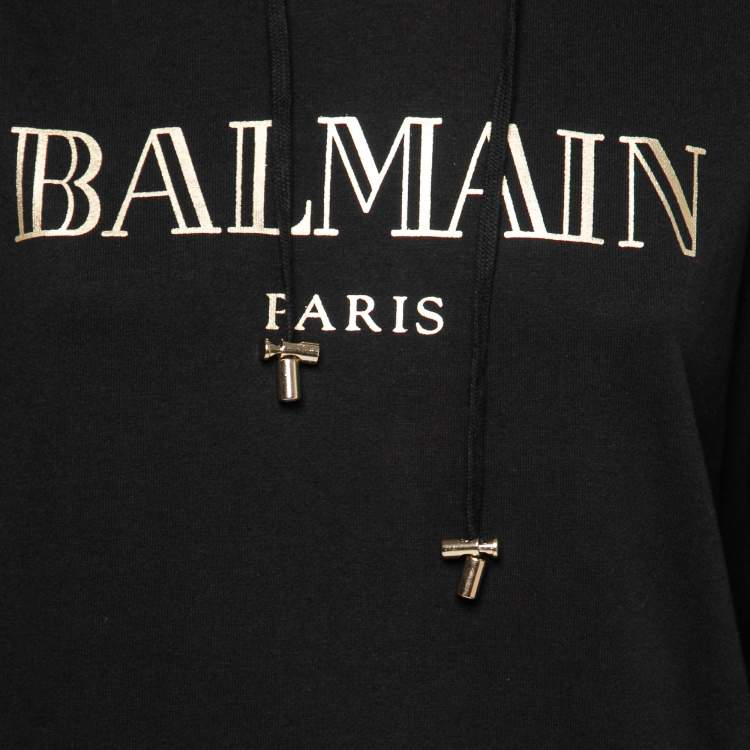 Pre Owned Balmain Black Logo Printed Cotton Zip Detail Hoodie S