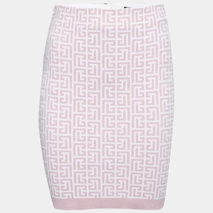 Pre Owned Balmain Pink Jacquard Lurex Knit Mini Skirt M
