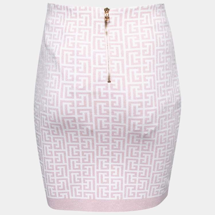 Pre Owned Balmain Pink Jacquard Lurex Knit Mini Skirt M