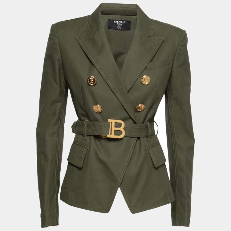 Pre Owned Balmain Olive Green Cotton Double Breasted Belted Blazer M