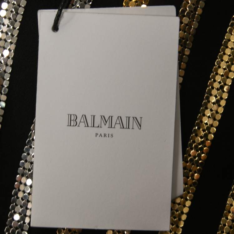 Pre Owned Balmain Black Crepe Gold Striped Embellished Strapless Mini Dress M