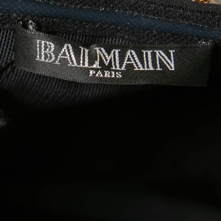 Pre Owned Balmain Black Crepe Gold Striped Embellished Strapless Mini Dress M