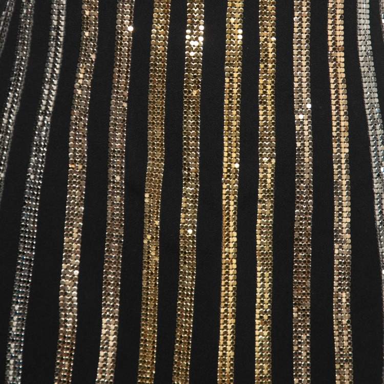 Pre Owned Balmain Black Crepe Gold Striped Embellished Strapless Mini Dress M