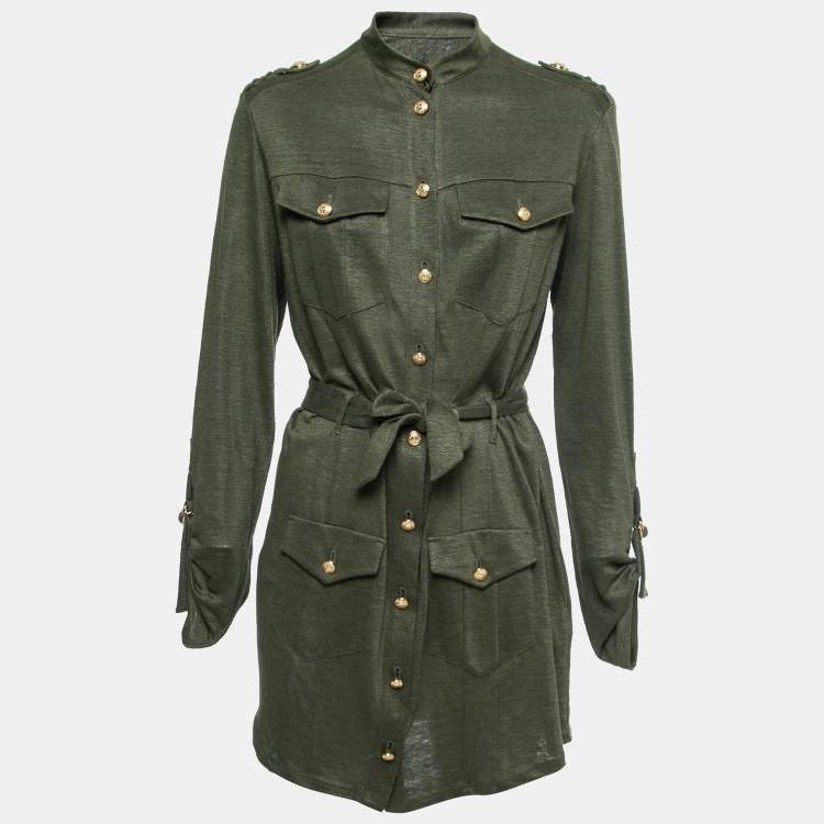 Pre Owned Balmain Kaki Green Knit Button-Embellished Belted Mini Dress M 
