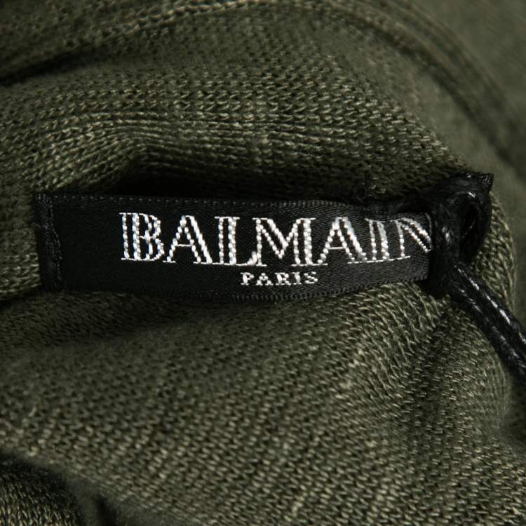 Pre Owned Balmain Kaki Green Knit Button-Embellished Belted Mini Dress M 