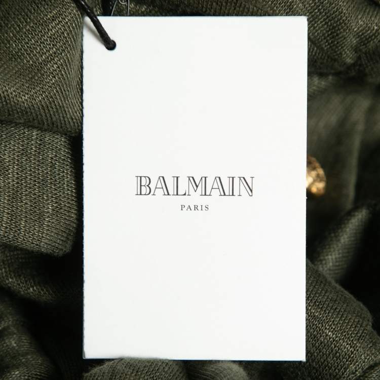 Pre Owned Balmain Kaki Green Knit Button-Embellished Belted Mini Dress M 
