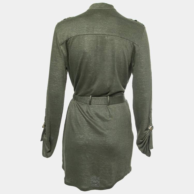 Pre Owned Balmain Kaki Green Knit Button-Embellished Belted Mini Dress M 