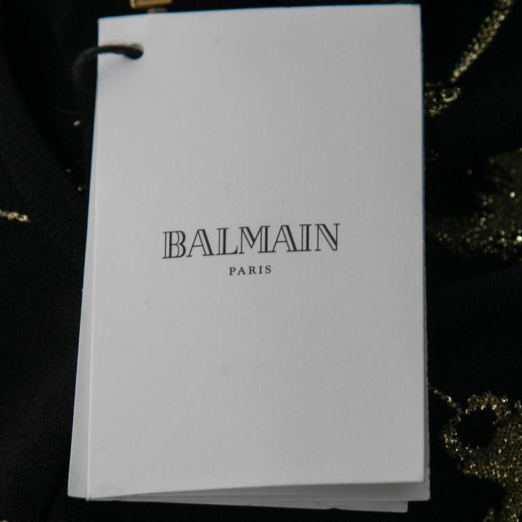 Pre Owned Balmain Black Stretch-Knit Metallic Tulle Paneled Bodysuit L