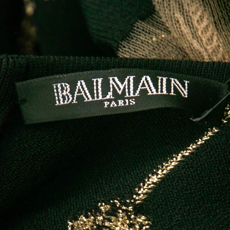 Pre Owned Balmain Black Stretch-Knit Metallic Tulle Paneled Bodysuit L