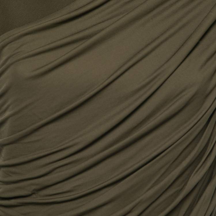 Pre Owned Balmain Olive Green Stretch Knit Ruched Mini Dress M