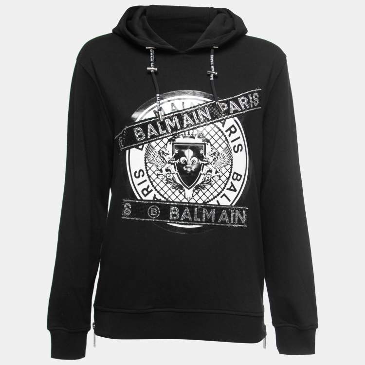 Pre Owned Balmain Black Cotton Rhinestone Embellished Hooded Sweatshirt S