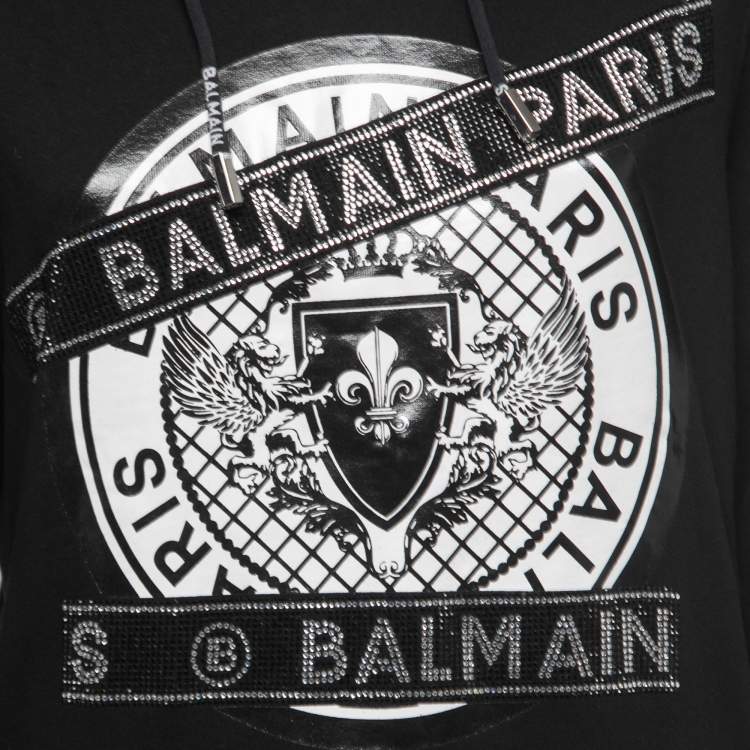 Pre Owned Balmain Black Cotton Rhinestone Embellished Hooded Sweatshirt S