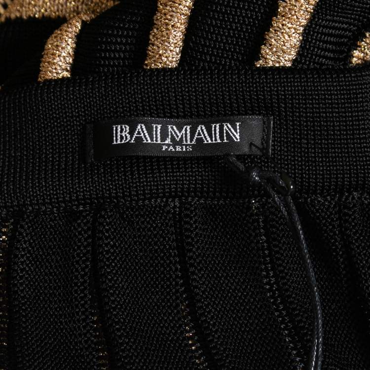 Pre Owned Balmain Black/Gold Ribbed Lurex Knit Midi Skirt L