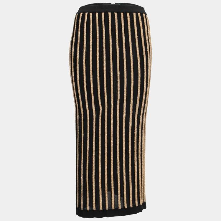 Pre Owned Balmain Black/Gold Ribbed Lurex Knit Midi Skirt L