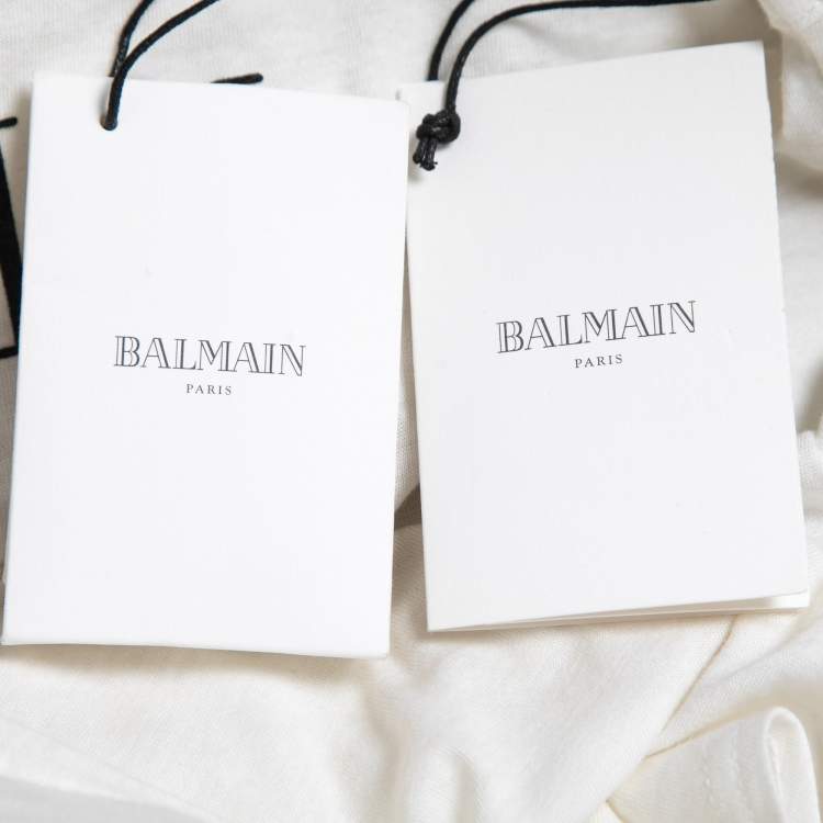 Pre Owned Balmain Cream Logo Print Jersey Button Detail T-Shirt M