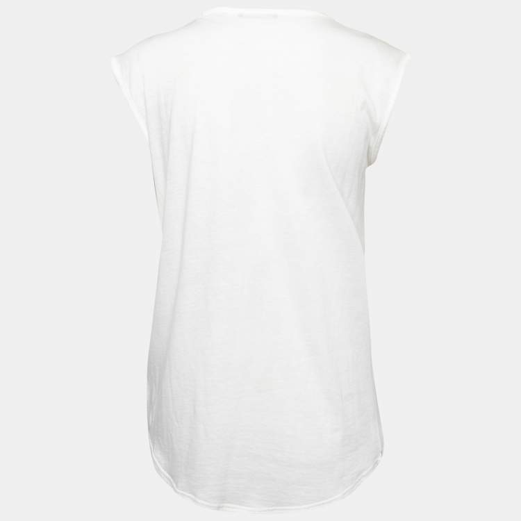 Pre Owned Balmain Cream Logo Print Jersey Button Detail T-Shirt M