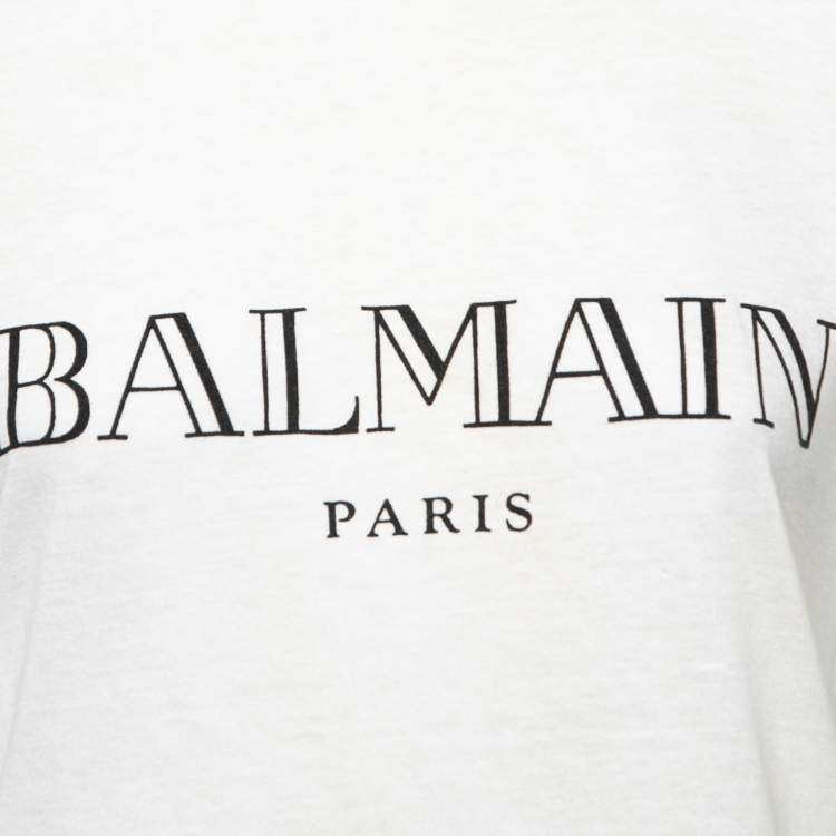 Pre Owned Balmain Cream Logo Print Jersey Button Detail T-Shirt M