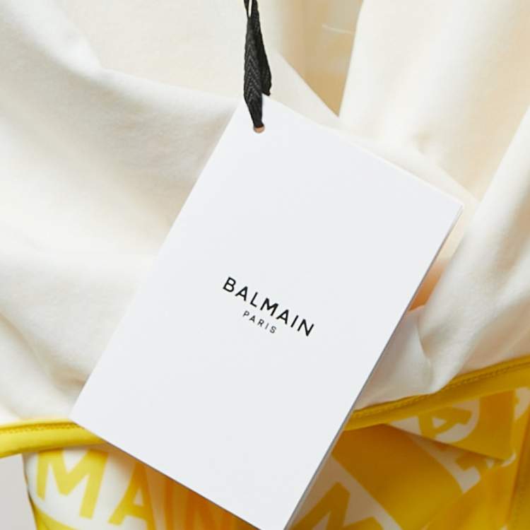 Pre Owned Balmain Yellow Logo Print Striped Nylon Swimsuit M