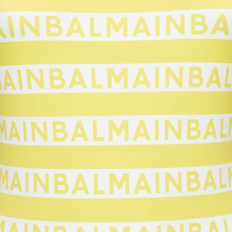 Pre Owned Balmain Yellow Logo Print Striped Nylon Swimsuit M