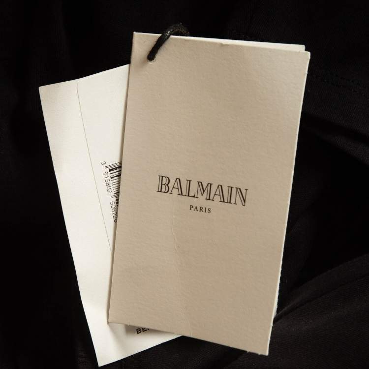 Pre Owned Balmain Black Logo Print Cotton Button Embellished T-Shirt S