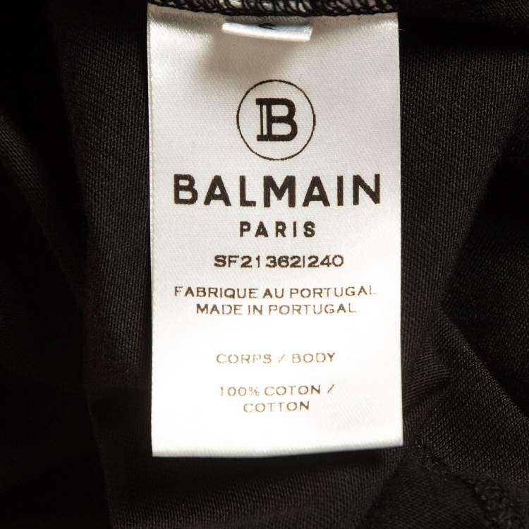 Pre Owned Balmain Black Logo Print Cotton Button Embellished T-Shirt S