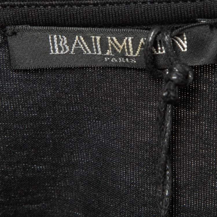Pre Owned Balmain Black Logo Print Cotton Button Embellished T-Shirt S