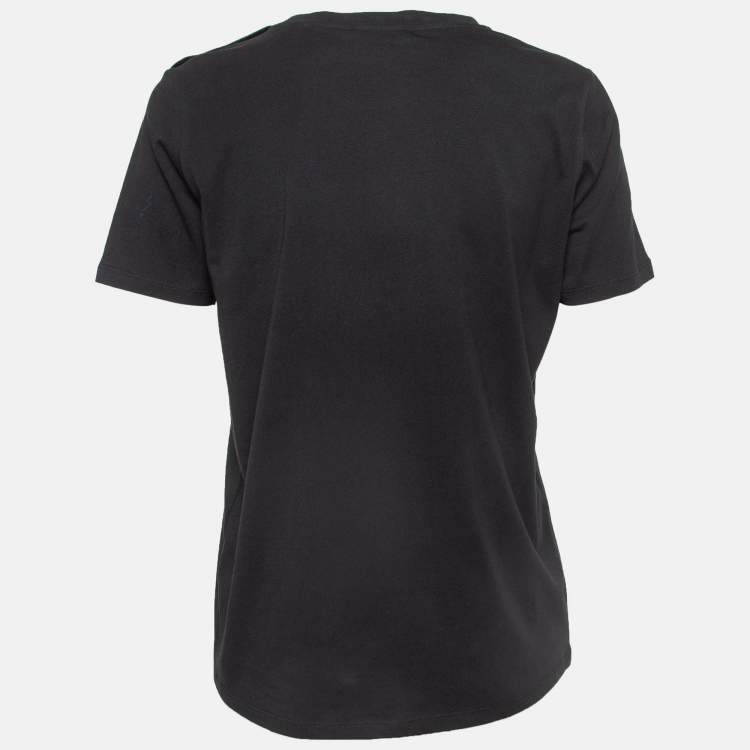Pre Owned Balmain Black Logo Print Cotton Button Embellished T-Shirt S