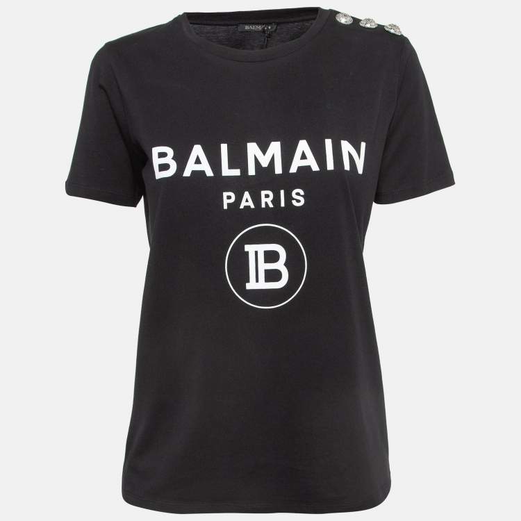 Balmain Black Logo Print Cotton Button Embellished T-Shirt S