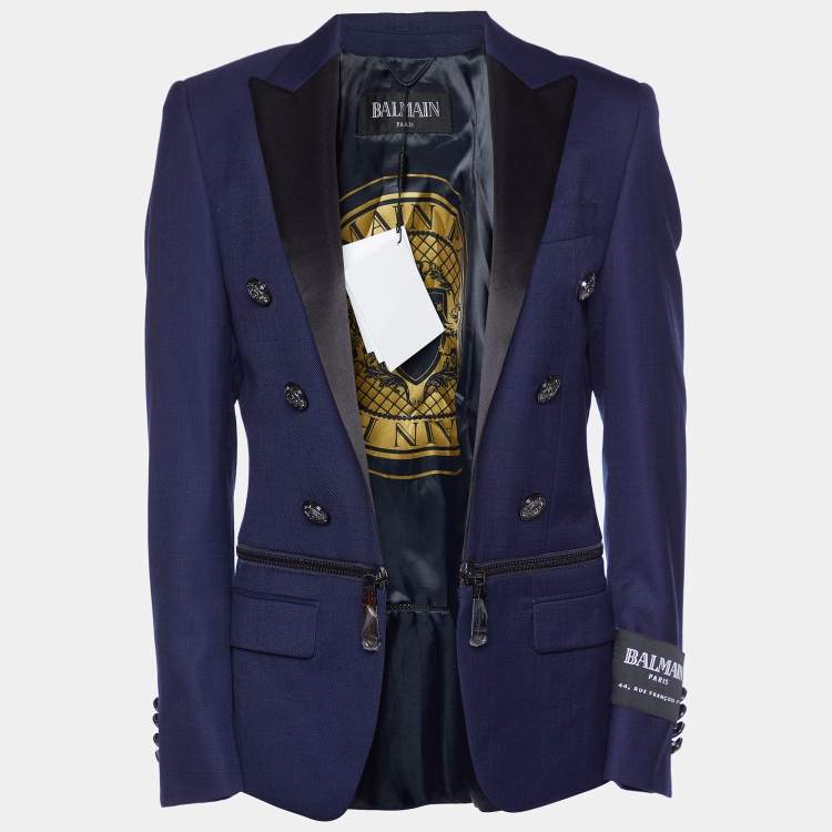 Pre Owned Balmain Navy Blue Wool Zip Detail Slim Fit Jacket M