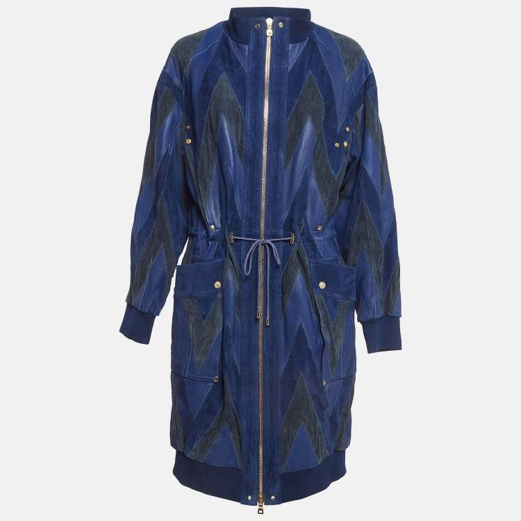 Pre Owned Balmain Blue Suede and Leather Long Zip-Up Jacket M