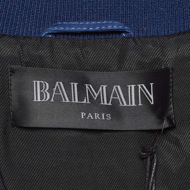 Pre Owned Balmain Blue Suede and Leather Long Zip-Up Jacket M