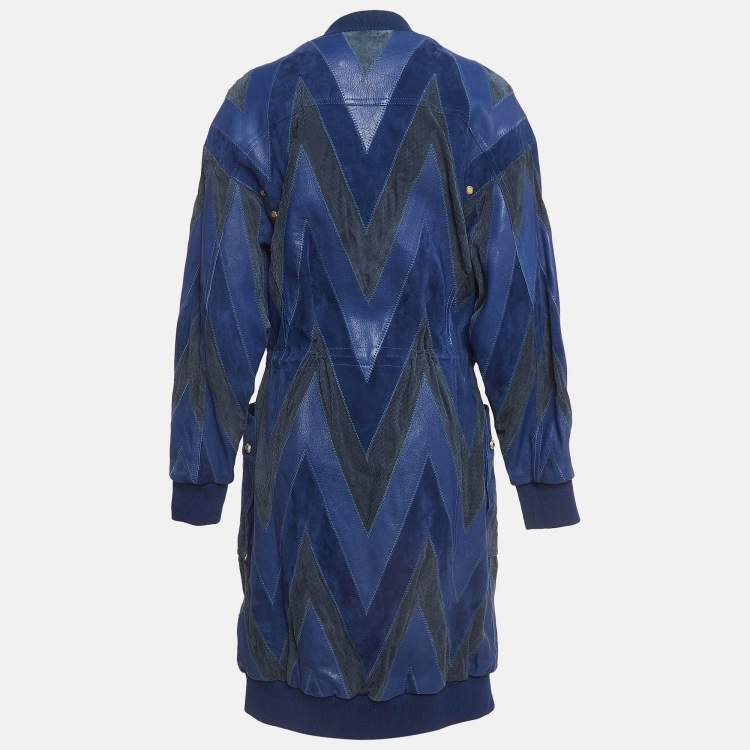 Pre Owned Balmain Blue Suede and Leather Long Zip-Up Jacket M