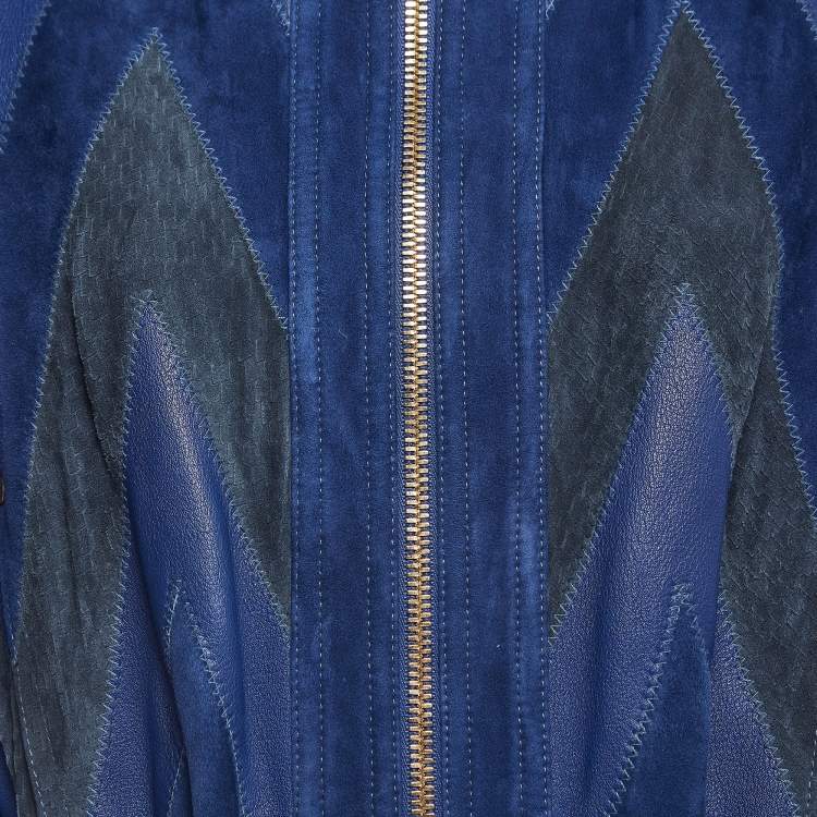 Pre Owned Balmain Blue Suede and Leather Long Zip-Up Jacket M