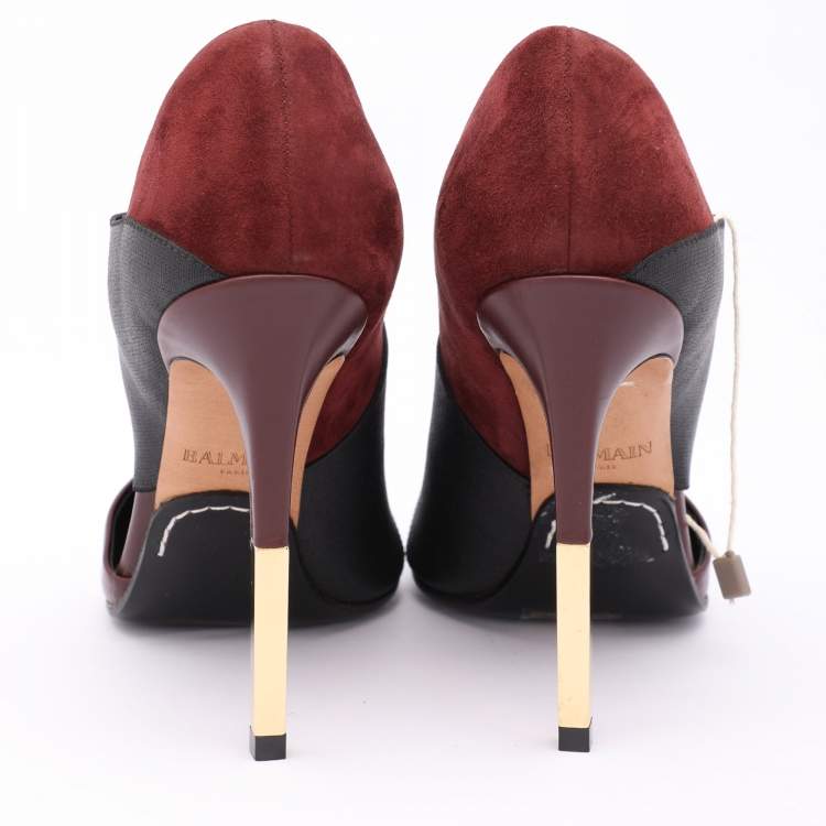 Pre Owned Balmain Burgundy/Black Leather and Elastic Pointed Toe Pumps Size 36