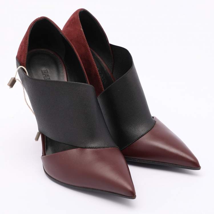 Pre Owned Balmain Burgundy/Black Leather and Elastic Pointed Toe Pumps Size 36
