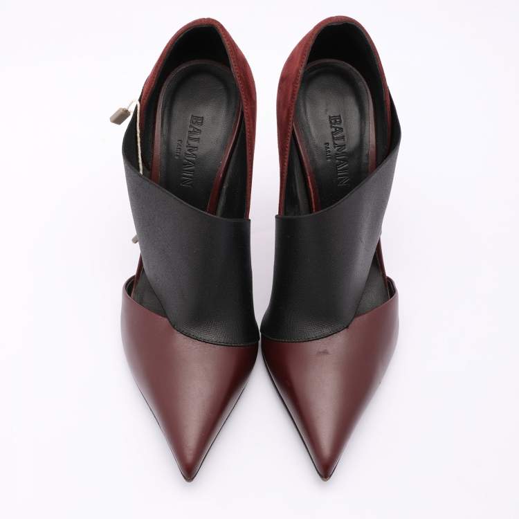 Pre Owned Balmain Burgundy/Black Leather and Elastic Pointed Toe Pumps Size 36