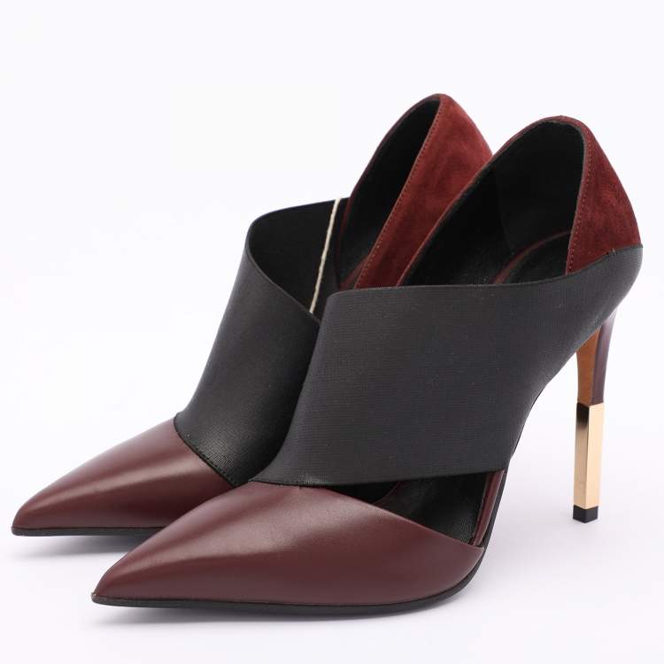 Pre Owned Balmain Burgundy/Black Leather and Elastic Pointed Toe Pumps Size 36
