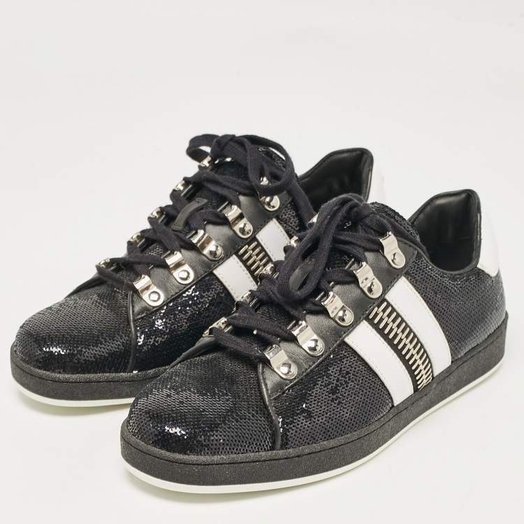 Pre Owned Balmain Black/White Leather and Sequins Lace Up Sneakers Size 38