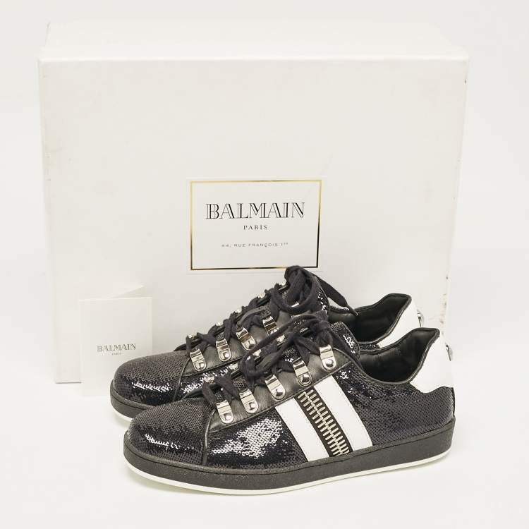 Pre Owned Balmain Black/White Leather and Sequins Lace Up Sneakers Size 38