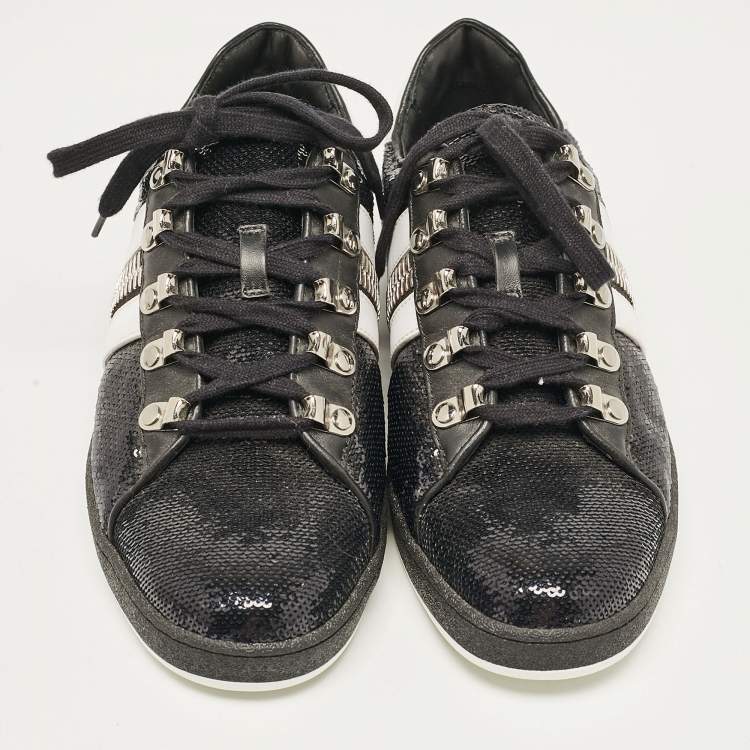 Pre Owned Balmain Black/White Leather and Sequins Lace Up Sneakers Size 38