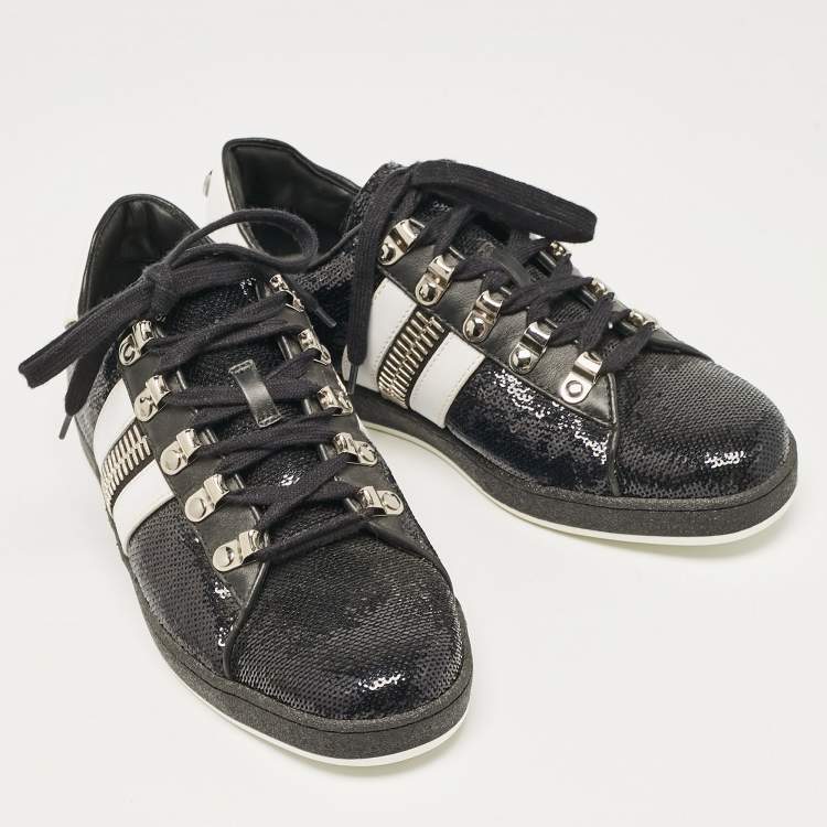 Pre Owned Balmain Black/White Leather and Sequins Lace Up Sneakers Size 38