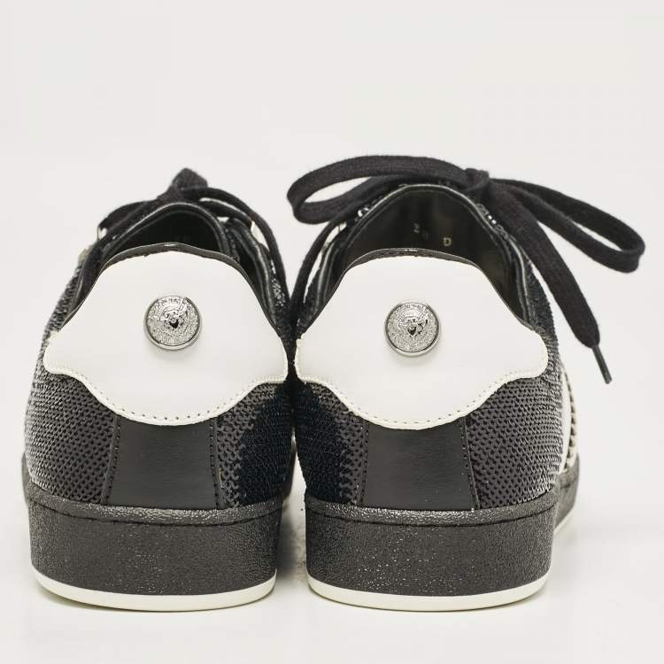 Pre Owned Balmain Black/White Leather and Sequins Lace Up Sneakers Size 38